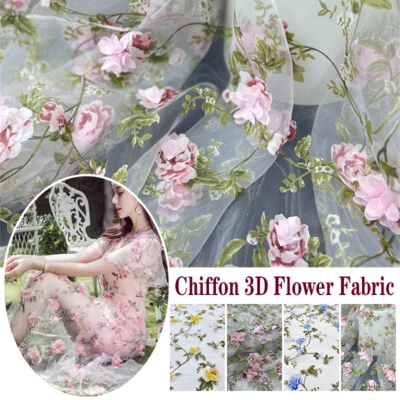 Floral Embroidery 3D Flower Mesh Lace Fabric Wedding Dress Fabrics Sewing Craft - Image 1 of 4