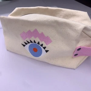 Benefit Cosmetics Make Up Bag Blue Evil Eye Canvas Travel Toiletries Pencil Case - Picture 1 of 8