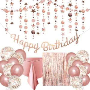Rose Gold Birthday Party Decoration, Happy Birthday Banner, Fringe Curtain... - Picture 1 of 7