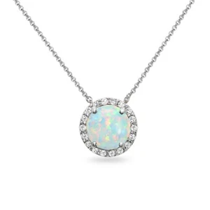 Sterling Silver Simulated White Opal and White Topaz Halo Slide Pendant Necklace - Picture 1 of 3