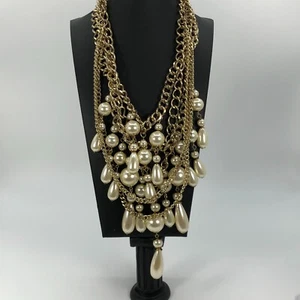 Collana catena tono oro grosso vintage pendenti perle finte dichiarazione sostanziale - Foto 1 di 7