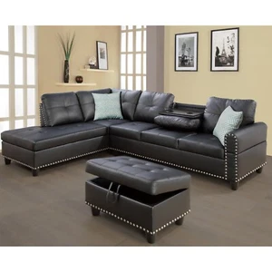 Faux Leather Sectional L-Shaped Sofa Living Room Couch PU Storage Ottoman Black - Picture 1 of 9