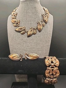 Art Deco Blätter Kupfer Halskette, Armband und Ohrringe Set - Bild 1 von 11