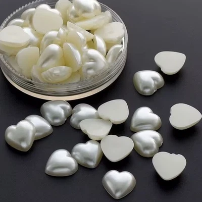 100 Ivory Acrylic Half Pearl FlatBack Heart Bead 12X12mm Scrapbook Craft - Image 1 of 4