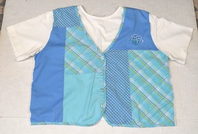 Vintage Shirt Jantzen Classic Size L 80s Blue Patchwork Front Vest On White Tee - Image 1 of 4