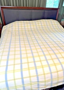 Garnet Hill 100% Cotton Duvet Cover King Blue White Yellow Plaid Stripes READ - Picture 1 of 11