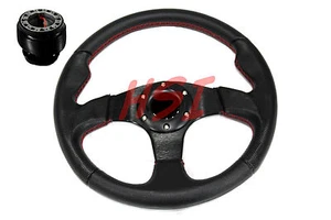 For 88-91 Honda Civic Acura Black on Black Steering Wheel w/Red Stitching Hub - Picture 1 of 1