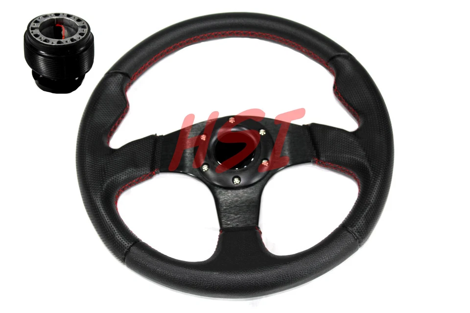 For 88-91 Honda Civic Acura  Black on Black Steering Wheel w/Red Stitching Hub - Image 1 of 1