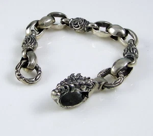 Vintage Sterling Silver Rare DRAGON HEAD CLASP Wide Link Chain 60 Gram Bracelet - Picture 1 of 6