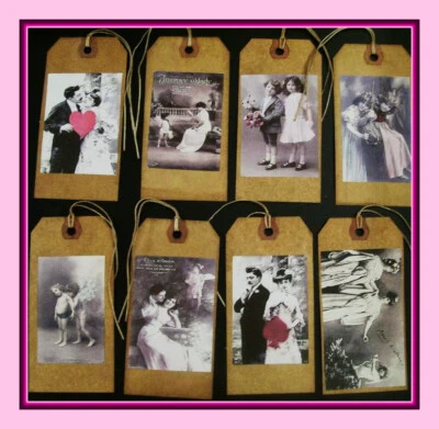 VICTORIAN STYLE PHOTO VALENTINE HANG TAGS - PRIMITIVE STYLE - SET OF EIGHT - Image 1 of 4