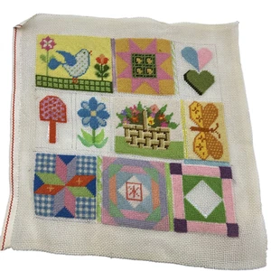 Wool Needlepoint Patchwork for Pillow Bird Hearts Flowers Incomplete Finish Me - Picture 1 of 13