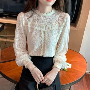 Femme Dentelle Haut Chemisier Long Manches Ballons Creusé Floral Maille Bureau - Bild 1 von 7