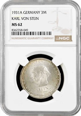 Weimar Republic 3 reichsmark 1931 A, NGC MS62, "100th Ann. - Heinrich vom Stein" - Image 1 of 2