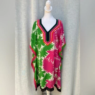 Roupa de banho Trina Turk verde e rosa seda floral brilhante cobertura de praia - Imagem 1 de 4