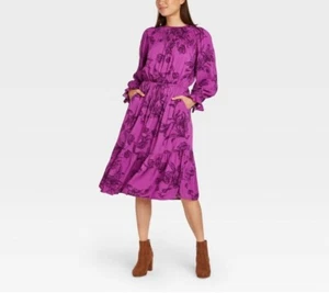 A New Day Small Purple Floral Peplum Hem Dress Long Sleeve NWT Size XS NWOT - Picture 1 of 9