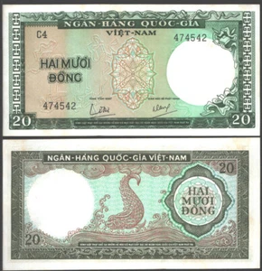 VIETNAM SOUTH 20 DONG 1964 AU PREFIX C4,STYLIZED FISH AT CENTER,DRAGONS WATERMAR - Picture 1 of 1