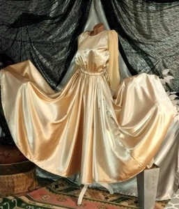 VTG REAL SATIN GOLD LAME 400" SWEEP 40S STYLE EVENING DRESS BOMBSHELL HOLLYWOOD - Picture 1 of 23