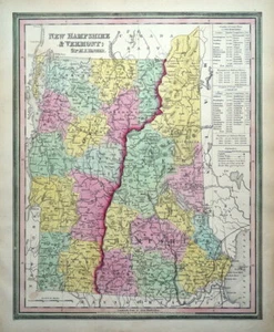 New Hampshire, Vermont, USA, State Map H.S.Tanner Original Antique Map 1844 - Bild 1 von 2