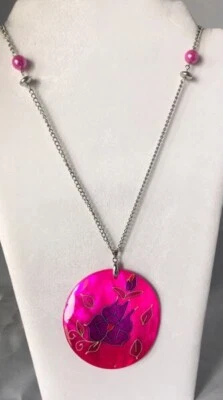 "Collar de madreperla rosa caliente, cadena de plata de 24"", cuentas una vez amadas" Foto 1 de 4