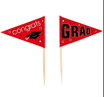 GRADUATION Party CUPCAKE FLAG PICKS  Congrats Grad 12pcs RED School Colors - Image 1 of 2