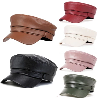 Women Ladies PU Yacht Captain Sailor Hat Newsboy Cabbie Baker Peaked Beret Cap