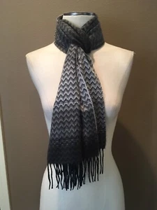 72” X 12” 100% Cashmere Scotland Gray Black White Chevron Print Scarf W Fringe - Picture 1 of 12