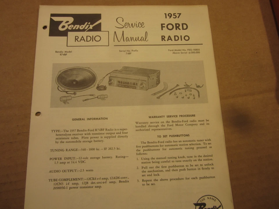 1957 Ford Bendix  Radio Service manual R74BF model - Image 1 of 1