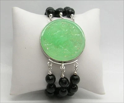 BRACCIALE IN ARGENTO 925 CON GIADA VERDE E ONICE FACCETTATO AGRP 013 - Immagine 1 di 3