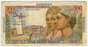 MARTINIQUE FRENCH 1947-49 ISSUE 500 FRANCS SCARCE NOTE CRISP F/VF.PICK#32. - Picture 1 of 2