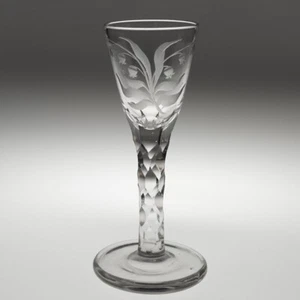 Engraved Georgian Wine Glass with Facet Cut Stem c1780 - Picture 1 of 7