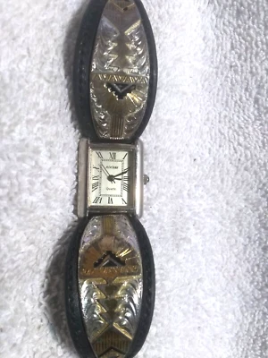 Montana Silversmiths Watch Aztec Silver Gold Black Leather New Bat Great Shape 3 Foto 1 de 4