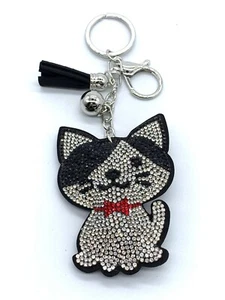 Schlüsselanhänger Glitzer Katze Kätzchen schwarz Diamant Silber Quaste Charm Accessoire - Bild 1 von 9