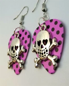 Skull and Crossbone with Heart Eyes Charm Guitar Pick Earrings - Pick Your Color - Picture 1 of 20