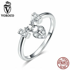 VOROCO Sterling Silver Heart Lock Ring With AAA CZ And Rhodium Plated Adjustable