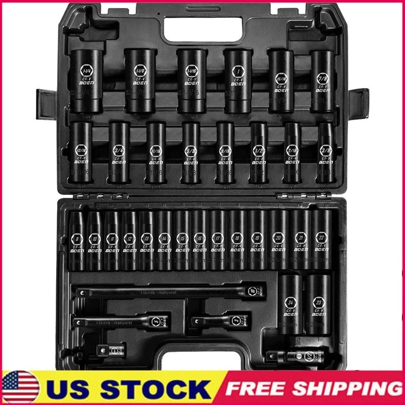 35pcs 1/2 Drive Impact Socket Set CRV Steel Deep Well Hex Tool Set Maintenance - Image 1 of 4