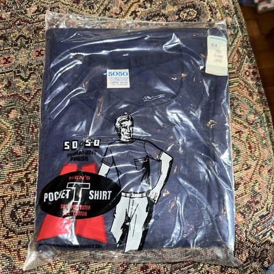 70s / 80s Montgomery Ward Blank T shirt Navy Blue Large Pocket New Old Stock - Image 1 of 4