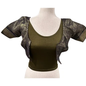 Blusas sari sari sin marca cosidas oliva elásticas y brocado dorado y oliva - Imagen 1 de 4