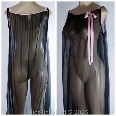 Vestido Lencería Vintage TRANSPARENTE Chifón BABYDOLL Sin Mangas ENCAJE Rosa Lazo Nylon S/M Foto 1 de 4
