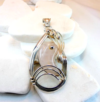 Sterling Silver Rose Quartz Gemstone Large Artisan Pendant Yin Yang 26g - Image 1 of 4