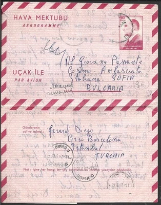 1967 TURKEY AEROGRAMME FROM ISTANBUL TO ITALIAN EMBASSY SOFIA BULGARIA - Image 1 of 2