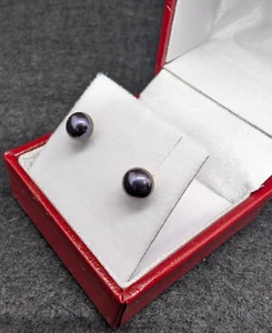14k Yellow Gold - 6-7 mm Cultured Black Freshwater Pearl - Stud Earrings - Picture 1 of 7