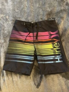 HURLEY Boys Swimsuit Swim Trunks Shorts Board Boardshorts Neon Striped Sz-7 - Picture 1 of 3