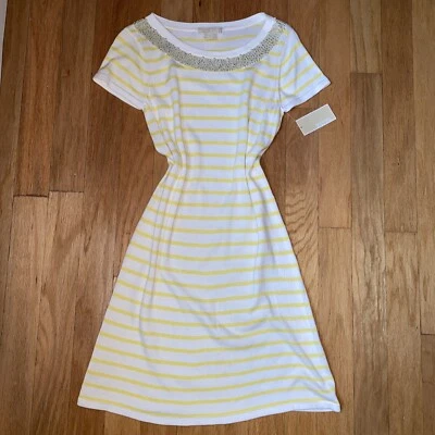 Vestido Michael Kors tamanho M malha algodão amarelo listra branca pérola frisada $149 - Imagem 1 de 4