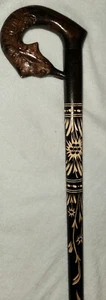Fox Head WALKING STICK CANE CARVED Handle ESTATE OLD Wooden Hand Animal - Picture 1 of 12