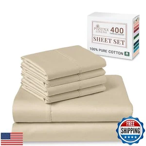 Pizuna Pure 100% Cotton Bed Sheets Set King Size Beige, Luxurious 400 Thread - Picture 1 of 5