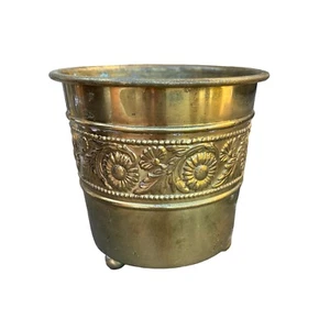 Vintage Brass Embossed Floral Planter Footed Made in England Sunflowers 4.5" - Picture 1 of 12