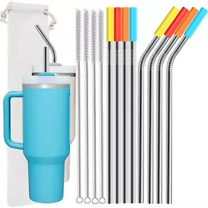 8pcs Metal Drinking Straws Reusable Stainless Steel Straw Rubber Silicone Tip - Picture 1 of 6