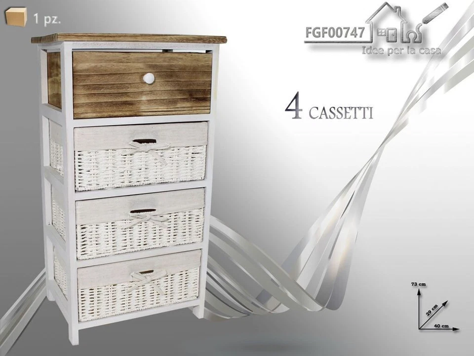 Comodino Mobiletto 4 Cassetti Stile Shabby Chic Legno Vimini Bianco Marrone and - Immagine 1 di 1