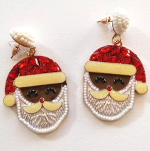 Black Santa Earrings Ugly Christmas Sweaters Party Statement Rhinestones Glitter - Picture 1 of 5