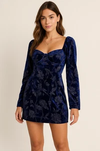 Mini Vestido Lulus Terciopelo Burnout Floral Azul L Bustier Vacaciones Romántico Noche Salida - Imagen 1 de 13